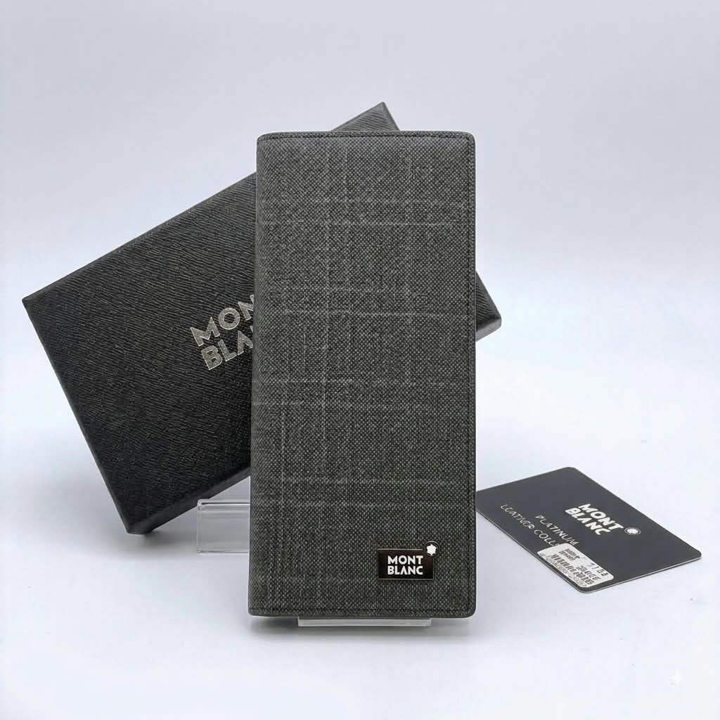 Mont Blanc Platinum Leather Collection Men's Long Wallet - Gray Fabric Texture with Metal Logo - Premium Gift Box
